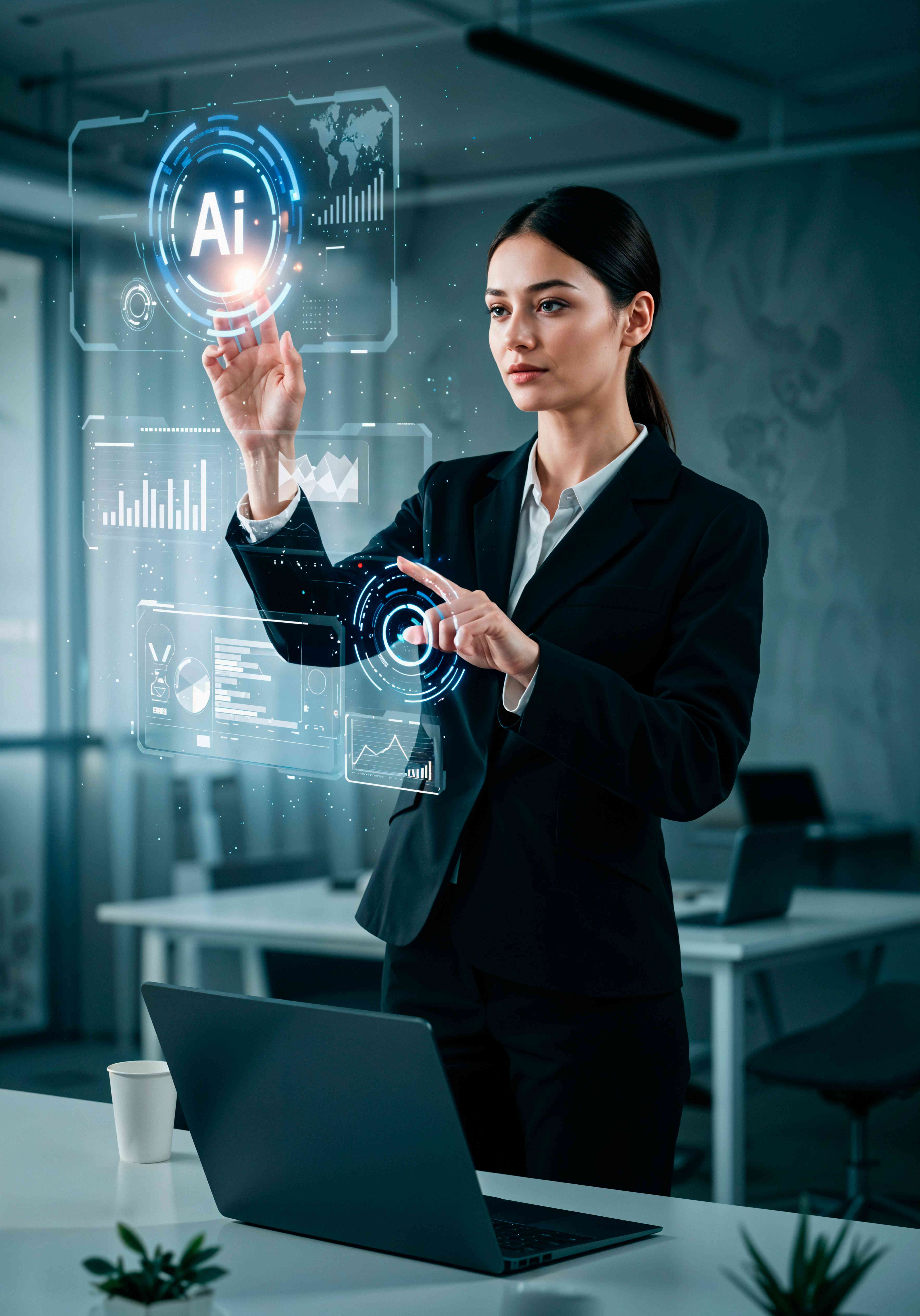Professional businesswoman interacting with AI holographic interfaces in modern office, showcasing advanced AI technology, data analytics, and business intelligence solutions for enterprise applications